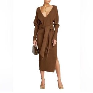 Good American Belted Long Sleeve Cotton Blend Rib Bodycon Dress Sepia Brown